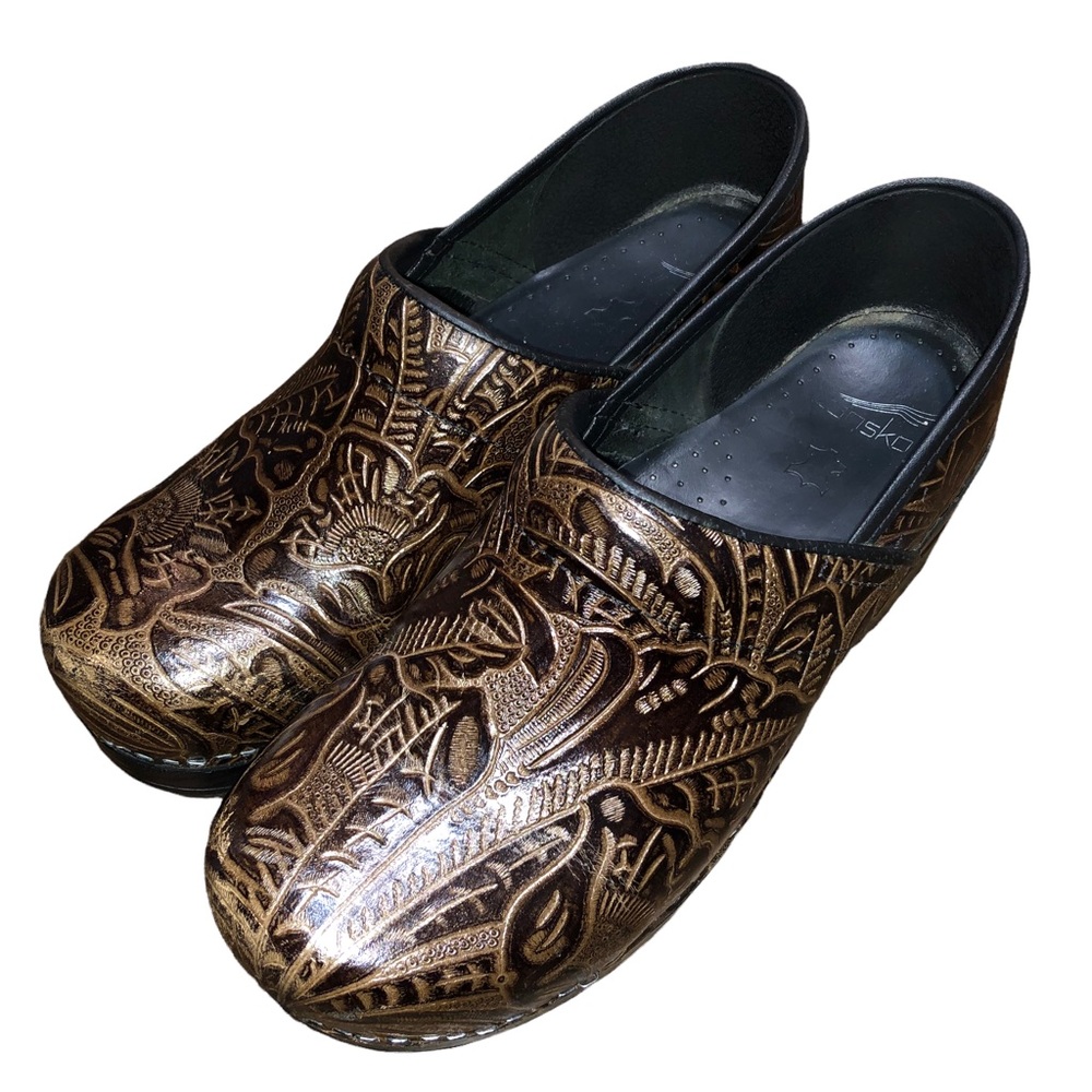 Dansko Brown Leather Tooled Clog - Picture 2 of 16